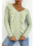 Pull  col V très chic vert pomme à volants - 4