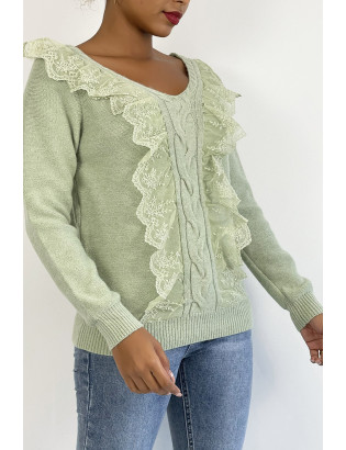 Pull  col V très chic vert pomme à volants - 5