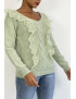 Pull  col V très chic vert pomme à volants - 5