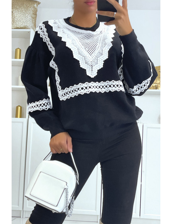 Pull noir over size manche bouffante avec motif en dentelle - 2