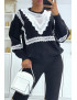 Pull noir over size manche bouffante avec motif en dentelle - 2