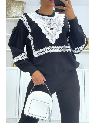 Pull noir over size manche bouffante avec motif en dentelle - 3