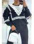 Pull noir over size manche bouffante avec motif en dentelle - 3