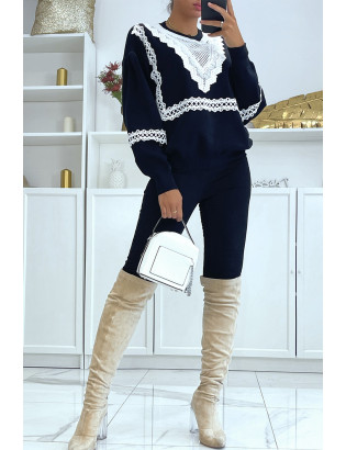 Pull noir over size manche bouffante avec motif en dentelle - 4