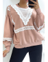 Pull rose over size manche bouffante avec motif en dentelle - 1