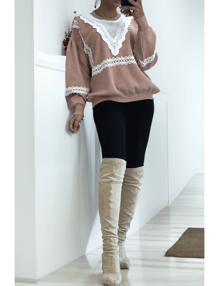 Pull rose over size manche bouffante avec motif en dentelle - 2