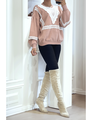 Pull rose over size manche bouffante avec motif en dentelle - 3
