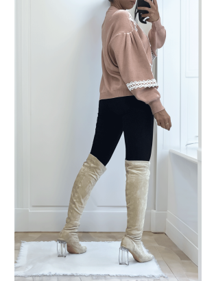 Pull rose over size manche bouffante avec motif en dentelle - 4