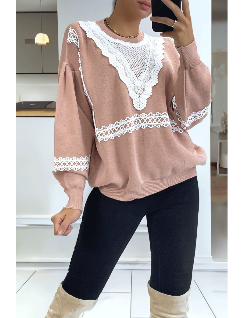 Pull rose over size manche bouffante avec motif en dentelle - 5