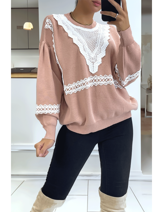 Pull rose over size manche bouffante avec motif en dentelle - 5