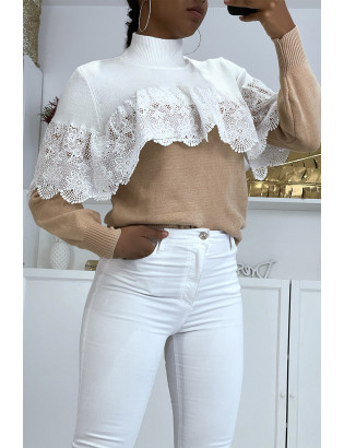 Pull court ample bicolore taupe et blanc avec col montant et voile en dentelle au niveau de la poitrine - 3