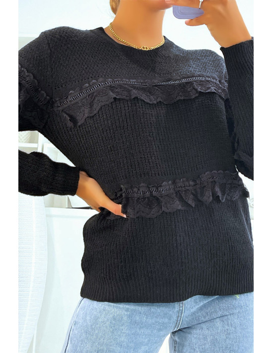 Pull col rond noir à détails volants ajourés - 1