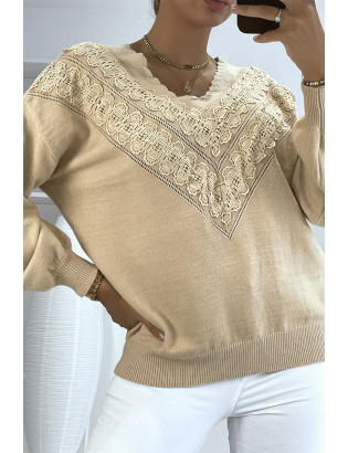 Pull beige pour femme en col V avec motif en dentelle - 2