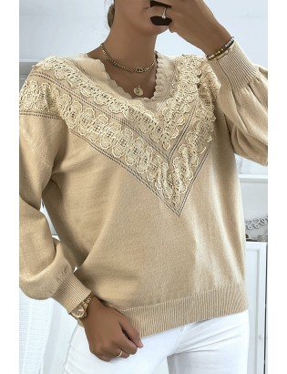 Pull beige pour femme en col V avec motif en dentelle - 3
