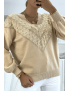 Pull beige pour femme en col V avec motif en dentelle - 3