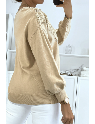 Pull beige pour femme en col V avec motif en dentelle - 4