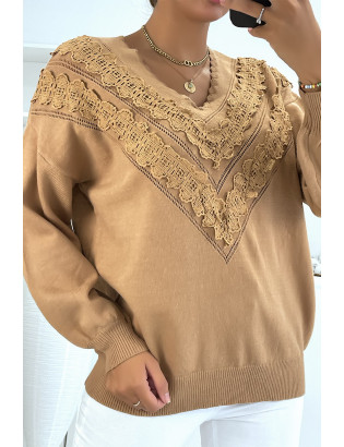 Pull camel pour femme en col V avec motif en dentelle - 2