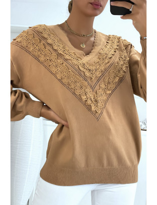Pull camel pour femme en col V avec motif en dentelle - 3