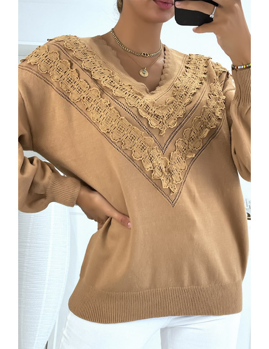 Pull camel pour femme en col V avec motif en dentelle - 4