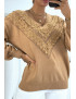 Pull camel pour femme en col V avec motif en dentelle - 4
