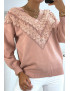 Pull rose pour femme en col V avec motif en dentelle - 3