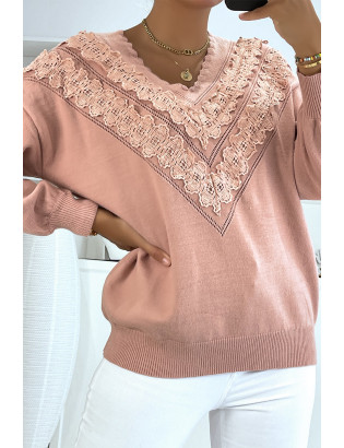 Pull rose pour femme en col V avec motif en dentelle - 4