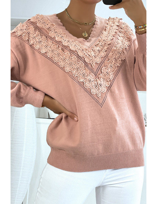 Pull rose pour femme en col V avec motif en dentelle - 4
