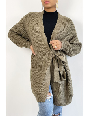 Long gilet cache coeur kaki épais avec ceinture intégré - 1