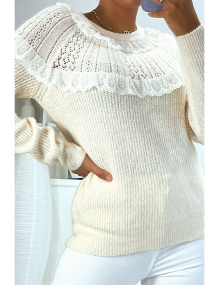 Pull beige à col rond et volants style vintage classique - 1