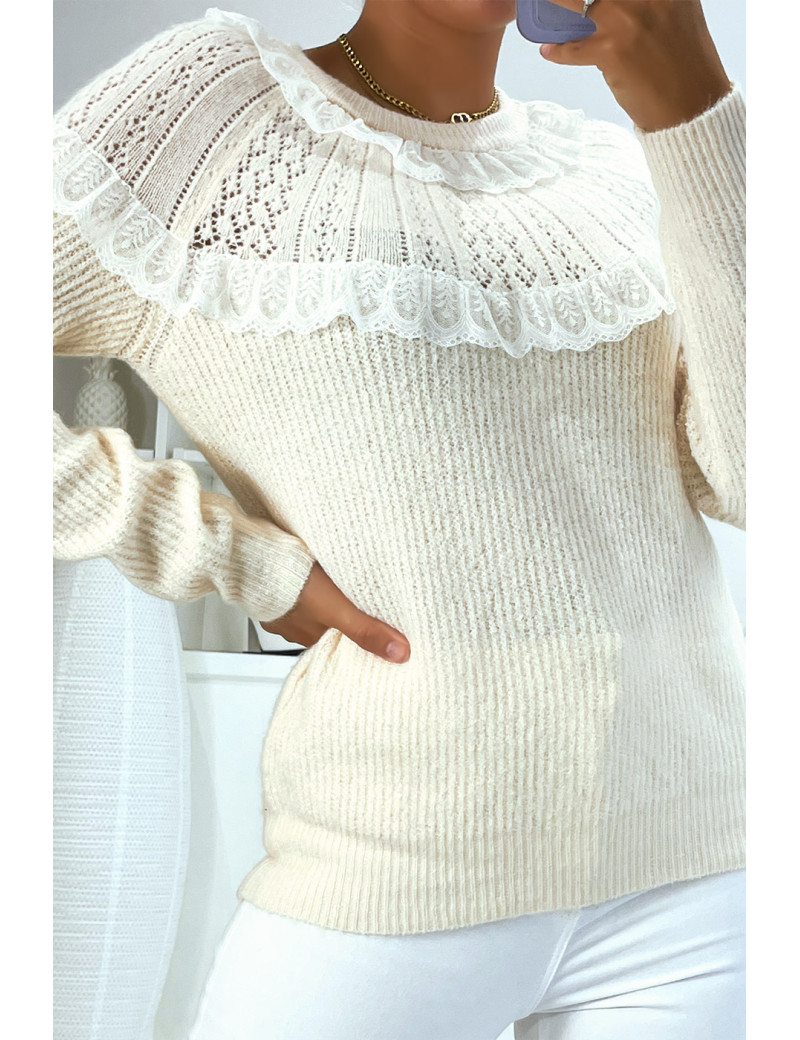 Pull beige à col rond et volants style vintage classique - 1