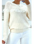Pull beige à col rond et volants style vintage classique - 2