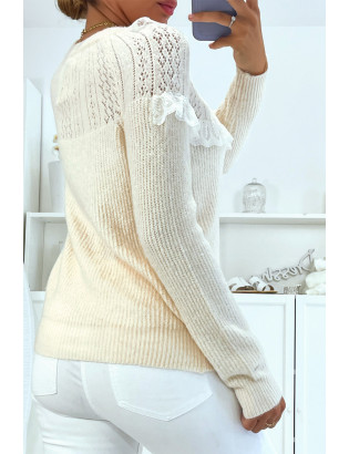 Pull beige à col rond et volants style vintage classique - 3