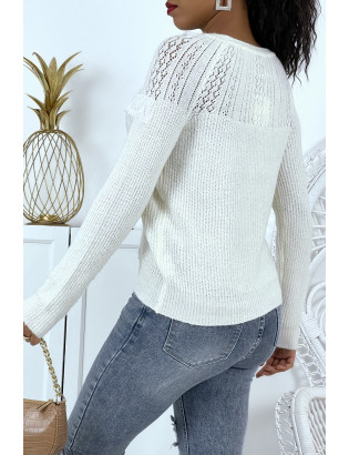 Pull blanc à col rond et volants style vintage classique - 5