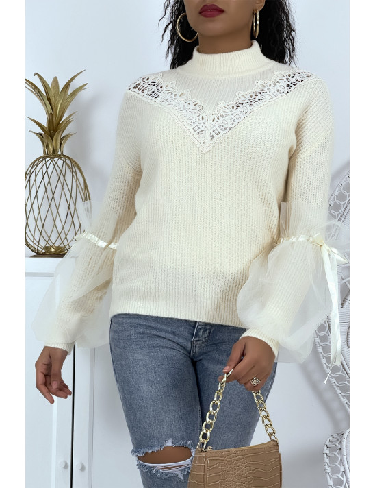 Pull col montant beige à manches bouffantes en tulle - 1