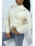 Pull col montant beige à manches bouffantes en tulle - 2