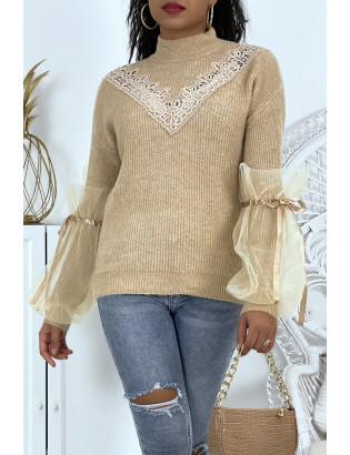 Pull col montant taupe à manches bouffantes en tulle - 1