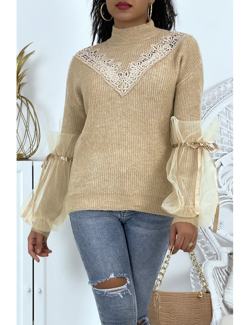Pull col montant taupe à manches bouffantes en tulle - 1