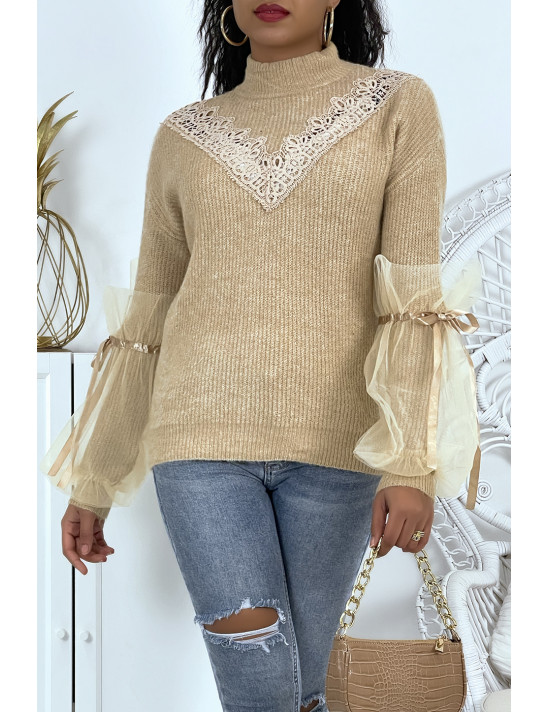 Pull col montant taupe à manches bouffantes en tulle - 1