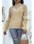 Pull col montant taupe à manches bouffantes en tulle - 1
