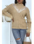 Pull col montant taupe à manches bouffantes en tulle - 2