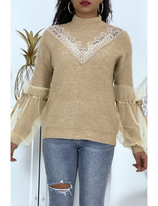 Pull col montant taupe à manches bouffantes en tulle - 3