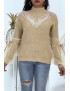 Pull col montant taupe à manches bouffantes en tulle - 3