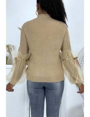 Pull col montant taupe à manches bouffantes en tulle - 5