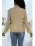 Pull col montant taupe à manches bouffantes en tulle - 5