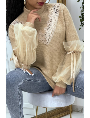 Pull col montant taupe à manches bouffantes en tulle - 6