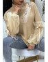 Pull col montant taupe à manches bouffantes en tulle - 6