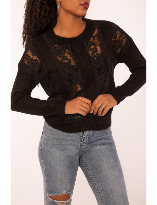 Pull noir à empiècement en dentelle et coupe basique - 2