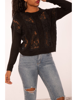 Pull noir à empiècement en dentelle et coupe basique - 3