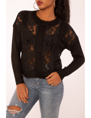 Pull noir à empiècement en dentelle et coupe basique - 4