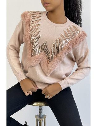 Pull rose à col rond et motif en fausse fourrure et strass - 5